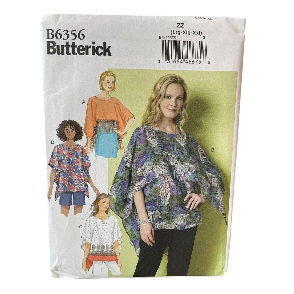 Butterick B6356 Misses Tunic Sewing Pattern Size L-XXL Easy Kimono Batwing